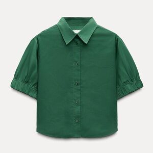 zara collared short sleeve crop button down shirt in green